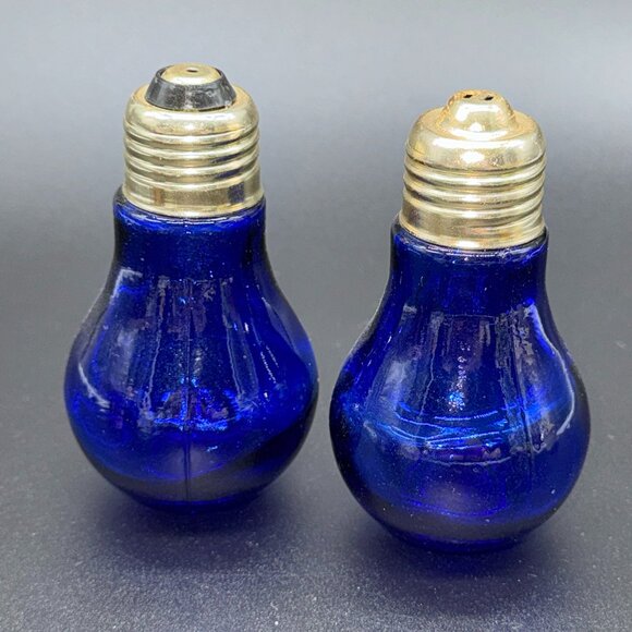 Vintage Cobalt Blue Glass Lightbulbs Salt and Pepper Shakers - Picture 2 of 6